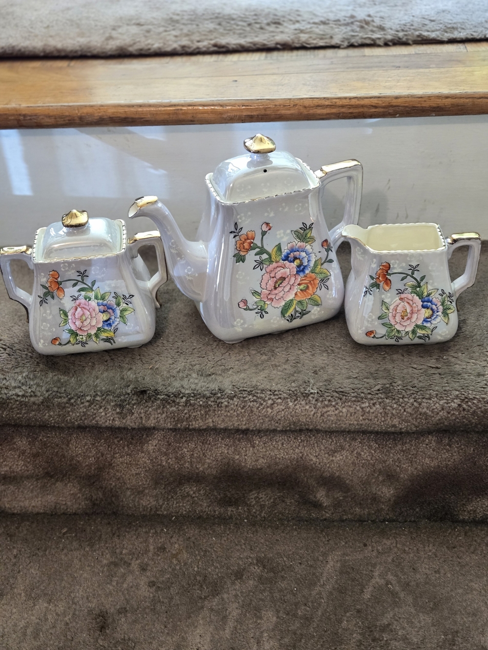 Ceramic Floral Teapot Set with Gold Trim - White